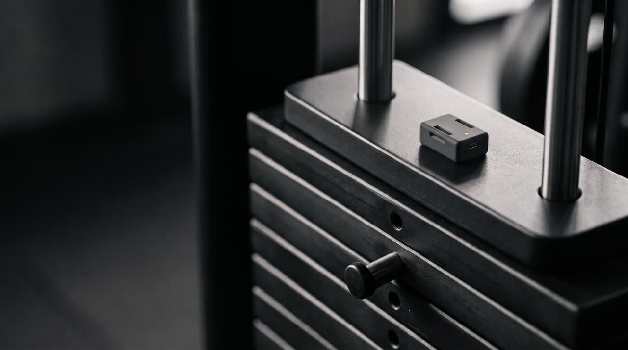 The Xtrack sensor sitting on the top plate of a gym machine weight stack.